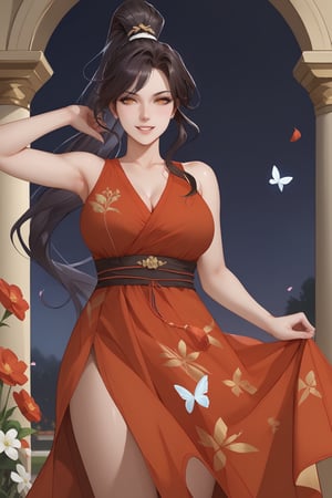 ran hong xia, black hair, long hair, high ponytail, red hair ribbon, orange eyes, ((red night gown)),



(nsfw), (uncensored), (score_9), score_8_up, score_7_up, source_anime, cowboy shot, dynamic pose, Happy, Smile, Parted Lips, blush, ashamed, shy, sexy, charming, alluring, seductive, enchanting, erotic,

((outdoors)), ((flower garden)), ((flowers)), ((many flowers)), spring petals, petals of flowers, spring, falling petals, flying butterflies,