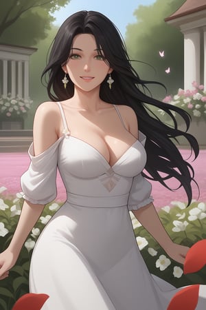 Orie, Black Hair, Long Hair, Bangs, Green Eyes, Big Breast, Cleavage, white Dress, Off Shoulder white Dress, Low-Cut white Dress, Earrings, Jewelry, 

(nsfw), (uncensored), (score_9), score_8_up, score_7_up, source_anime, cowboy shot, dynamic pose, 1 Female, solo, happy smile joy, blush, ashamed, shy, sexy, charming, alluring, seductive, enchanting, erotic,

((outdoors)), ((flower garden)), ((flowers)), ((many flowers)), spring petals, petals of flowers, spring, falling petals, flying butterflies,
