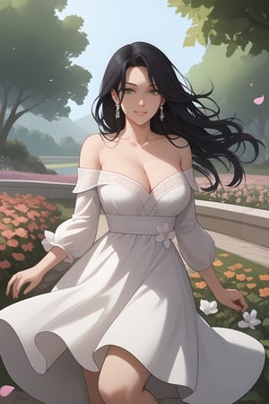 Orie, Black Hair, Long Hair, Bangs, Green Eyes, Big Breast, Cleavage, white Dress, Off Shoulder white Dress, Low-Cut white Dress, Earrings, Jewelry, 

(nsfw), (uncensored), (score_9), score_8_up, score_7_up, source_anime, cowboy shot, dynamic pose, 1 Female, solo, happy smile joy, blush, ashamed, shy, sexy, charming, alluring, seductive, enchanting, erotic,

((outdoors)), ((flower garden)), ((flowers)), ((many flowers)), spring petals, petals of flowers, spring, falling petals, flying butterflies,
