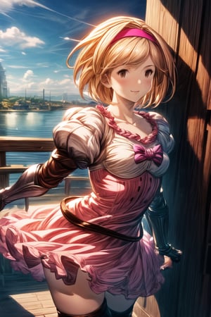 1girl, Djeeta_a, \(granblue fantasy\), granblue fantasy, (smile), open_mouth,
Brown eyes, short hair,blonde hair, djeeta one piece dress, pink hairband, one piece dress, puffy sleeves, gauntlets, brown thighhighs, thigh boots, bow, cowboy_shot, detailed background, optimal lighting, anime coloring, an extremely delicate and beautiful harbour city, blue_sky, 