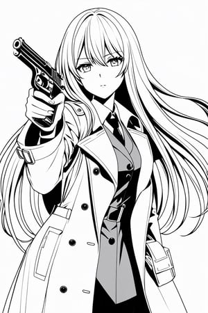 anime girl with long hair in trench coat shooting pistol coloring page for adults, thick lines, black and white, no shading