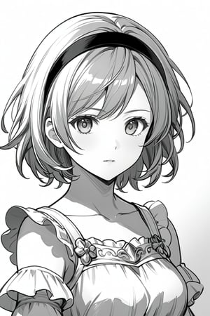 1girl, djeeta \(granblue fantasy\), granblue fantasy, hairband, frills dress, expressionless, white_background,
simple-line, few-drawing, (close-up face:1.2), upper body, (Line art:1.4), (Line drawing), Shadowing, (Contour drawing:1.4), (Monochrome:1.4),  (masterpiece:1.2), (best quality:1.2), (very aesthetic:1.2), (absurdres:1.2), (detailed background), newest, ai-generated,