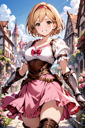 1girl, djeeta \(granblue fantasy\), granblue fantasy, blonde hair, short hair, red hairband, brown eyes, pink dress, bow, gauntlets, armor, pink skirt, thigh boots, smile, (masterpiece:1.2), (best quality:1.2), (very aesthetic:1.2), (absurdres:1.2), (detailed background), newest, ai-generated,more detail XL