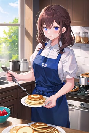 High quality illustration, beautiful, 1girl, perfect fingers, kitchen, (cute: 1.5) and (beautiful: 1.5), smile, various colored aprons, BREAK female character, (likes to make sweets: 1.2), (good at pancakes Cooking: 1.2), hold BREAK (plate with pancakes: 1.3) in both hands