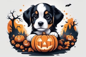 "Create an eye-catching vector graphic for a t-shirt design featuring a (((cute puppy))). The design should showcase intricate details and a photorealistic quality, with vibrant, colorful shades of halloween holiday with jack-o-lantern, candies , and some halloween scary decorations. Place the dog against a simple and scary dry tree, creating a sense of spooky and dark. Additionally, incorporate a sleek and minimalistic vector. Ensure the overall composition is clean, isometric, and professional, making it a photorealistic masterpiece."