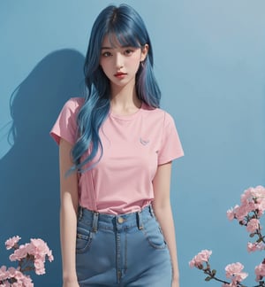 The image features a young girl with blue hair and a pink shirt, wearing denim overalls. She is standing in front of a blue background and pink flowers.
