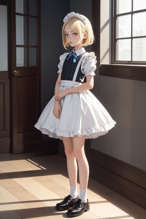 high quality, highres, 1girl, solo, (loli:0.8), (child:0.8), flat chest, maid, blonde hair, slim legs, blue eyes, grey eyes, medium hair, (closed mouth:0.4), standing, full body, indoors, front view
