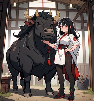 a woman standing next to a bull in a barn, by Yang J, half man half asian black bull, [ 4 k digital art ]!!, by Kentaro Miura, by Shitao, vore art, cow-girl, by Kamagurka, japanesse farmer, trending on cgstation, bovine, on a farm, commission for high res