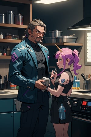 there is a man and a little girl standing in a kitchen, from netflix's arcane, still from better call saul, altered carbon, still image from tv series, altered carbon series, from the tusk movie, still from marvel movie, jason momoa, rene lalique and eddie mendoza, movie still of cyborg, unicorn from the tusk movie
