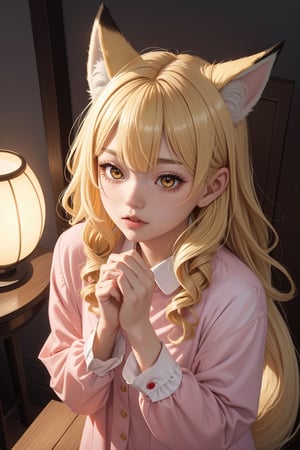 1girl, torino aqua, year 2023, [photoshop (medium)], [anime coloring], intricate, detailed, from above, loli, fox girl, fox ears, fox tail, fluffy, large tail, looking at viewer, hands up, cupping hands, open hands, [furrowed brow], ears down, close-up, medium hair, light brown hair, [[[blonde hair]]], sidelocks, blunt bangs, wavy hair, chiyingzai, eyelashes, yellow eyes, [[red eyes]], parted lips, pajamas, best quality, amazing quality, very aesthetic, absurdres
