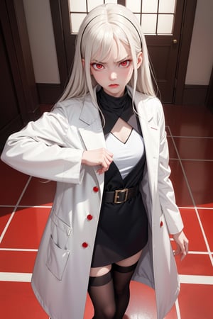 high quality, highres, 1girl, solo, (loli:0.2), (child:0.2), (flat chest:0.8), looking at viewer, (red eyes:1.1), (glowing eyes:0.8), (pale skin:0.9), skinny, white coat, buckle, eyebrows hidden by hair, (glaring:1.1), (evil:1.1), annoyed, indoors, tile floor, temple, front view

