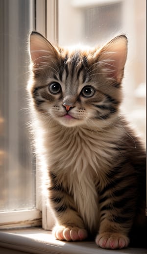 very sweet features, two beautiful eyes, adorably tiny paws, sharp claws, and two perky ears, (tiny body covered with smooth fur), (furry tail as well). (adorable face with a tiny nose), a big mouth, (8k resilution), neon lights, unreal, masterpice, amazing, (white brown body), kittenpunk, hyper realism, rough texture, (facing at a window)