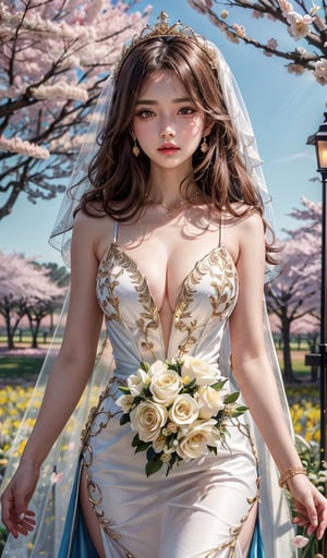 masterpiece, best quality, absurdres, high resolution, unity wallpaper, extremely detailed, 
couple, ((princess)), beautifulface, long hair, gradient hair, cat ears, large breasts, ((detailed pupils)), (detailed symmatrical face), hair ornament,((gold crown)),(gold flower),dress ornaments,necklase, bracelet, veil, ((wedding veil)),(blue wedding veil),((royal Dress)), flowers, thighs, cowboy shot, 
floral background, (((flower field))), (wind blowing), petails flowing, hair flowing, ((red cherry blossoms)), petals, beautiful background, outdoors,
detailed background, complex background, depth of field, hdr, phorealistic, day light, bright light,,vivid, soothing tones, colorful,,armpits,sexy body, big lips, beautiful eyes