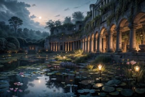 (masterpiece) , (best quality) , (((lybyrynth))), high angle, ruins , Labyrinth, hanging gardens of babylon at night, pond, mud, godrays, water lilies, reeds, (fireflies:0.8), vivid color, three point perspective, cinematic lighting, intricate detail  , (by paul zizka:0.8)