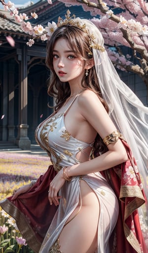 masterpiece, best quality, absurdres, high resolution, unity wallpaper, extremely detailed, 
couple, ((princess)), beautifulface, long hair, gradient hair, cat ears, large breasts, ((detailed pupils)), (detailed symmatrical face), hair ornament,((gold crown)),(gold flower),dress ornaments,necklase, bracelet, veil, ((wedding veil)),(blue wedding veil),((royal Dress)), flowers, thighs, cowboy shot, 
floral background, (((flower field))), (wind blowing), petails flowing, hair flowing, ((red cherry blossoms)), petals, beautiful background, outdoors,
detailed background, complex background, depth of field, hdr, phorealistic, day light, bright light,,vivid, soothing tones, colorful,,armpits,(sexy perfect body), big lips, beautiful eyes (hyper realism) , unreal, stodio lights,