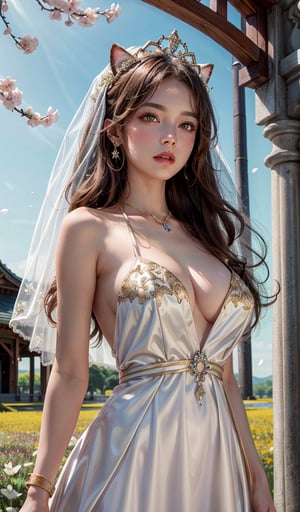 masterpiece, best quality, absurdres, high resolution, unity wallpaper, extremely detailed, 
couple, ((princess)), beautifulface, long hair, gradient hair, cat ears, large breasts, ((detailed pupils)), (detailed symmatrical face), hair ornament,((gold crown)),(gold flower),dress ornaments,necklase, bracelet, veil, ((wedding veil)),(blue wedding veil),((royal Dress)), flowers, thighs, cowboy shot, 
floral background, (((flower field))), (wind blowing), petails flowing, hair flowing, ((red cherry blossoms)), petals, beautiful background, outdoors,
detailed background, complex background, depth of field, hdr, phorealistic, day light, bright light,,vivid, soothing tones, colorful,,armpits,(sexy perfect body), big lips, beautiful eyes (hyper realism) , unreal, stodio lights,