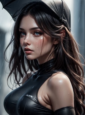 A Ultra realistic, a stunningly ultra highly detailed girl in the rain, cloudy, young, beautiful face, detailed face, white skin, cropped top, tight leggings, wet clothes, legs, beautiful hair, absolutely long straight hair, detailed hairstyle, kind face, looks at the viewer, (masterpiece), (best quality), (ultra-high quality), (8k resolution), (over-detailed), (ray tracing), erte 12k, high definition, cinematic, neoprene, behance contest winner, portrait featured on unsplash, stylized digital art, smooth, ultra high definition, 8k, unreal engine 5, ultra sharp focus, intricate artwork masterpiece, ominous, epic, TanvirTamim, trending on artstation, by artgerm, h. r. giger and beksinski, highly detailed, vibrant, best quality, perfect detailed, ultra sharp focus,zbxr,1 girl,Realism,big boobs,symmatrical face, big lips,sexy body,(beautiful face,eyes),sweaty,unreal