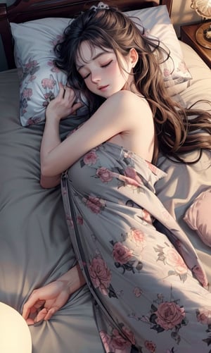 Hyper-realistic illustration, CG illustration, from top angle, a Sleeping girl, beautiful face and body shape, closed eyes, sleeping on bed, (((turned body sleep))), wearing grey pajamas set with cute skull printed on it, (messy hair), messy bed linen, (huggging pillow), (in low light bedroom), Only the table lamp illuminates his face and part of his body, deep shadow, warm light, masterpiece at best quality, hyper-detailed:1.33