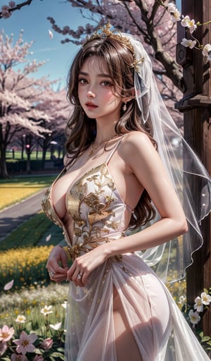 masterpiece, best quality, absurdres, high resolution, unity wallpaper, extremely detailed, 
couple, ((princess)), beautifulface, long hair, gradient hair, cat ears, large breasts, ((detailed pupils)), (detailed symmatrical face), hair ornament,((gold crown)),(gold flower),dress ornaments,necklase, bracelet, veil, ((wedding veil)),(blue wedding veil),((royal Dress)), flowers, thighs, cowboy shot, 
floral background, (((flower field))), (wind blowing), petails flowing, hair flowing, ((red cherry blossoms)), petals, beautiful background, outdoors,
detailed background, complex background, depth of field, hdr, phorealistic, day light, bright light,,vivid, soothing tones, colorful,,armpits,(sexy perfect body), big lips, beautiful eyes (hyper realism) , unreal, stodio lights,