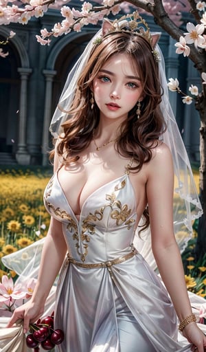 masterpiece, best quality, absurdres, high resolution, unity wallpaper, extremely detailed, 
couple, ((princess)), beautifulface, long hair, gradient hair, cat ears, large breasts, ((detailed pupils)), (detailed symmatrical face), hair ornament,((gold crown)),(gold flower),dress ornaments,necklase, bracelet, veil, ((wedding veil)),(blue wedding veil),((royal Dress)), flowers, thighs, cowboy shot, 
floral background, (((flower field))), (wind blowing), petails flowing, hair flowing, ((red cherry blossoms)), petals, beautiful background, outdoors,
detailed background, complex background, depth of field, hdr, phorealistic, day light, bright light,,vivid, soothing tones, colorful,,armpits,(sexy perfect body), big lips, beautiful eyes (hyper realism) , unreal, stodio lights,(nude sweaty armpits)