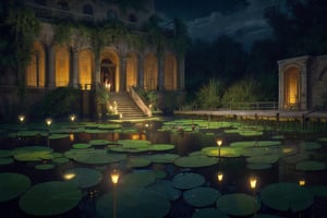 (masterpiece) , (best quality) , (((lybyrynth))), high angle, ruins , Labyrinth, hanging gardens of babylon at night, pond, mud, godrays, water lilies, reeds, (fireflies:0.8), vivid color, three point perspective, cinematic lighting, intricate detail  , (by paul zizka:0.8)