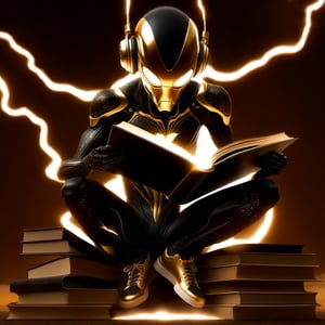 (((masterpiece))) 4k, 2k, ((realistic)), ((enhanced detail)), a black and gold alien reading books, wearing headphones, wearing a black tuxedo and sneakers, ((full body)) desolate, intricately detailed, (artistic lightning in the sky with dust particles), beautiful, amazing, highly detailed, ((ultra-detailed)), ((beautiful design)), ((big beautiful brown eyes)), sharp focus, trending on art station,Leonardo Style