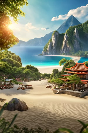 (((masterpiece))), (hyper-realistic photography of a stunningly beautiful beach), incredibly beautiful, highly detailed, intricate filigree, masterpiece, award-winning, sharp focus, concept art, ring flash lighting, ambient lighting, octane render, 8k, UHD,  art station, a background of a city mountain range, (((beautiful weather))), (gorgeous), overlooking mountain, bamboo forest