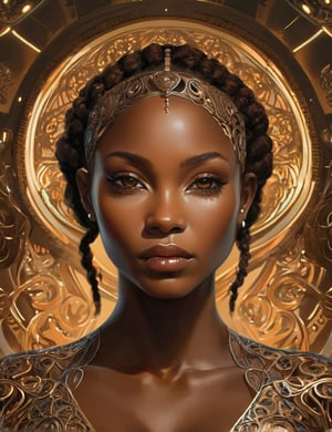 (((masterpiece))), hyper-realistic photography of a stunningly beautiful cyborg female, incredibly beautiful, symmetrical face, intimate, holding close, hands, in the style of beth cavener, jin kagetsu,, and wlop, highly detailed, intricate filigree, masterpiece, award winning, sharp focus, concept art, ringflash lighting, ambient lighting, octane render, 8k, UHD,  artstation hdri of a city mountain range, (((beautiful dark brown skin))), (((beautiful Nigerian woman)))