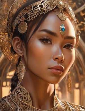 (((masterpiece))), hyper-realistic photography of a stunningly beautiful cyborg female, incredibly beautiful, symmetrical face, intimate, holding close, hands, in the style of beth cavener, jin kagetsu,, and wlop, highly detailed, intricate filigree, masterpiece, award winning, sharp focus, concept art, ringflash lighting, ambient lighting, octane render, 8k, UHD,  artstation hdri of a city mountain range, (((beautiful brown skin))), (((beautiful Filipino woman)))