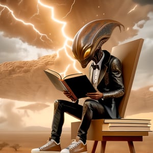 (((masterpiece))) 4k, 2k, ((realistic)), ((enhanced detail)), alien reading books wearing headphones wearing a black tuxedo and sneakers, ((full body)) desolate, intricately detailed, (artistic lightning in the sky), particles, beautiful, amazing, highly detailed, ((ultra-detailed)), ((beautiful design)), ((beautiful brown eyes)), sharp focus, trending on art station,Leonardo Style