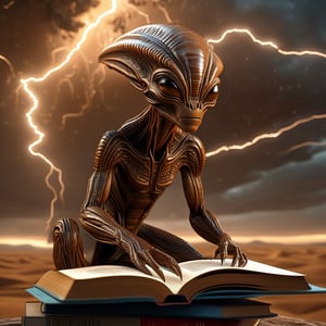(((masterpiece))) 4k, 2k, ((realistic)), ((enhanced detail)), alien made of books, ((full body)) desolate, intricately detailed, (artistic lightning in the sky), particles, beautiful, amazing, highly detailed, ((ultra-detailed)), ((beautiful design)), ((beautiful brown eyes)), sharp focus, trending on art station,Leonardo Style