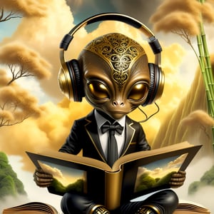 (((masterpiece))) 4k, 2k, ((realistic)), ((enhanced detail)), a black and gold alien reading books while wearing headphones, wearing a black tuxedo and sneakers, ((full body)) intricately detailed, (artistic clouds in the sky), (bamboo forest background) beautiful, amazing, highly detailed, ((ultra-detailed)), ((beautiful design)), ((big beautiful brown eyes)), sharp focus, trending on art station,Leonardo Style