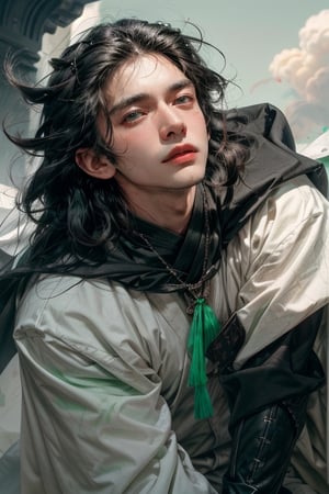 1boy, handsome, (Japanese Fashion), white cloth, (green aura), long_black_hair, long_bangs, slicked_back_hair, (detailed hair:1.13), white clouds behind, pale skin, black gloves, black boots , detailed face, shining glow sun,weapon