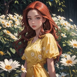 (1 Girl) long red hair, brown eyes, brown_skin, wearing a beautiful yellow flowered dress, daisy garden background, low lighting, detailed_eyes, detailed_face, detailed_hands, backgroung_detailed, cinema_lighting, colorful_portrait, Midjourney, full_body, midjourney style.