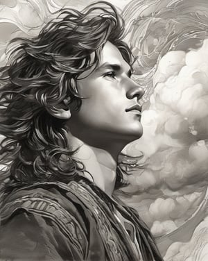 portrait of a young boy, strong, attractive guy, long wavy hair, looking at the sky, pen and ink, intricate line drawings, by craig mullins, ruan jia, Adonna Khare, greg rutkowski, loundraw, greg rutkowski,