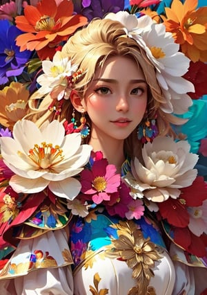 portrait,woman, flower dress, colorful, darl background,flower armor,white theme,dfdd,2d_animated,niji5,3d style