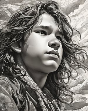 portrait of a young boy, strong, attractive guy, long wavy hair, looking at the sky, pen and ink, intricate line drawings, by craig mullins, ruan jia, Adonna Khare, greg rutkowski, loundraw, greg rutkowski,