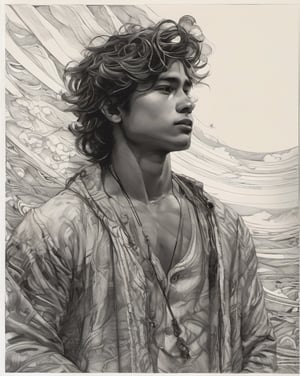 portrait of a young boy, strong, attractive guy, long wavy hair, looking at the sky, pen and ink, intricate line drawings, by craig mullins, ruan jia, Adonna Khare, greg rutkowski, loundraw, greg rutkowski,