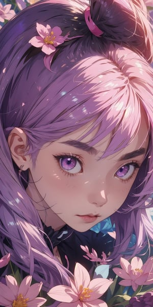 (1cute girl), (big pink eyes), (brown_skin), (lilac colored pigtail hair), cute expression, like a cute anime, detailed_hair, eyes_intense, face_detail, background_detail, colorful_portrait, midjourney style, color_palette, cute_face_anime, gif_cute, anime_pixiv, animedia, flower_hair_ornament, light_purple_hair, spot_colors, light_pink_eyes.