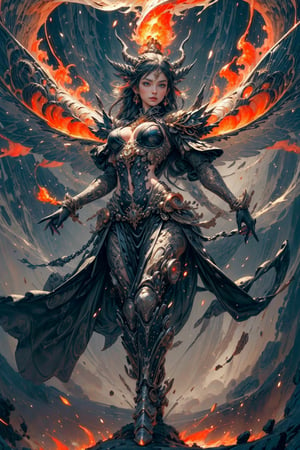 1girl, fairy of fire, lava, scales, fairy bio mechanical wings, anatomically correct a bio mechanical made of black steel and gold, High quality, detailed, masterpiece, swirling upward in a spiral of smoek and sparks,weapon, 