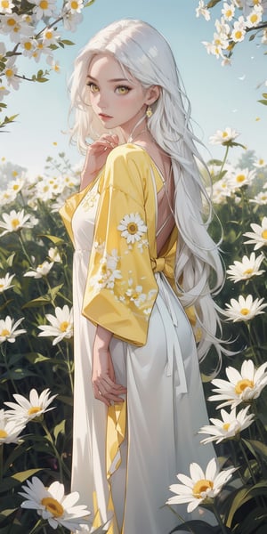 (1 Girl) long white hair, yellow eyes, white skin, wearing a beautiful yellow flowered dress, daisy garden background, low lighting, detailed_eyes, detailed_face, detailed_hands, backgroung_detailed, cinema_lighting, colorful_portrait, Midjourney, full_body.