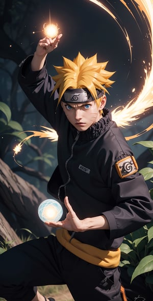 "Generate an image of Naruto Uzumaki from the popular anime series 'Naruto' using his signature jutsu, the 'Rasengan.' Naruto stands with determination, his blond hair flowing, and his bright blue eyes focused. He holds his palm out, surrounded by swirling chakra that forms the Rasengan, a spiraling sphere of energy. The scene is set against a backdrop of a lush forest, with leaves rustling in the wind as Naruto's power radiates through the air. Capture the essence of Naruto's spirit and determination as he unleashes his formidable ninja abilities.",n4rut0