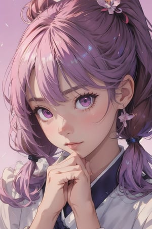 (1cute girl), big pink eyes, brown_skin, lilac colored pigtail hair, cute expression, like a cute anime, detailed_hair, detailed_hands, eyes_intense, face_detail, background_detail, colorful_portrait, midjourney style, color_palette, cute_face_anime, gif_cute, anime_pixiv.