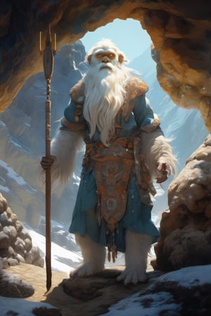 a very mysterious Yeti sorcerer near a cave in Tibet, watercolor painting, Jean-Baptiste Monge style, bright, beautiful in spring, splash, big perfect eyes, Glittering, cute and adorable, filigree, rim lighting, lights, magic, surreal, fantasy, awe inspiring, dreamlike, wlop, artgerm and james jean, digital Art, perfect composition, beautiful detailed, intricate, insanely detailed octane render trending on artstation, 8 k artistic, Broken Glass effect, no background, stunning, something that even doesn't exist, mythical being, energy, molecular, textures, iridescent and luminescent scales, breathtaking beauty, pure perfection, divine presence, unforgettable, impressive, breathtaking beauty, Volumetric light, auras, rays, vivid colors reflects