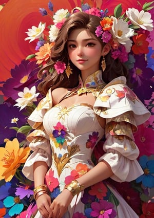 portrait,woman, flower dress, colorful, darl background,flower armor,white theme,dfdd,2d_animated,niji5,3d style