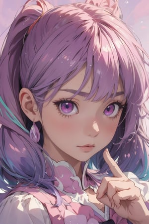 (1cute girl), big pink eyes, brown_skin, lilac colored pigtail hair, cute expression, like a cute anime, detailed_hair, detailed_hands, eyes_intense, face_detail, background_detail, colorful_portrait, midjourney style, color_palette, cute_face_anime, gif_cute, anime_pixiv.