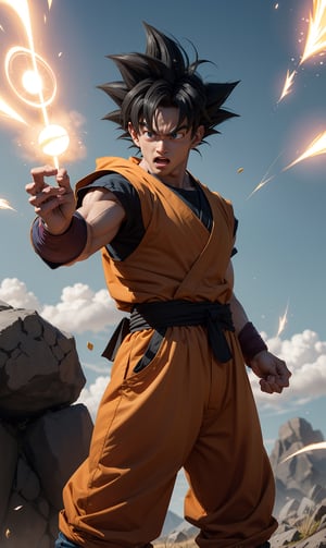 "Generate an realistic image of Super Saiyan Son Goku from the popular anime series 'Dragon Ball Z' using his signature Kame_Hame_Ha, the 'Rasengan.' Goku stands with determination, his blond hair flowing, and his bright blue eyes focused. He holds his palm out, surrounded by swirling chakra that forms the Rasengan, a spiraling sphere of energy. The scene is set against a backdrop of a lush sky, with leaves rustling in the wind as Goku's power radiates through the air. Capture the essence of Goku's spirit and determination as he unleashes his formidable ninja abilities.",son goku