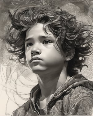 portrait of a young boy, strong, attractive guy, long wavy hair, looking at the sky, pen and ink, intricate line drawings, by craig mullins, ruan jia, Adonna Khare, greg rutkowski, loundraw, greg rutkowski,