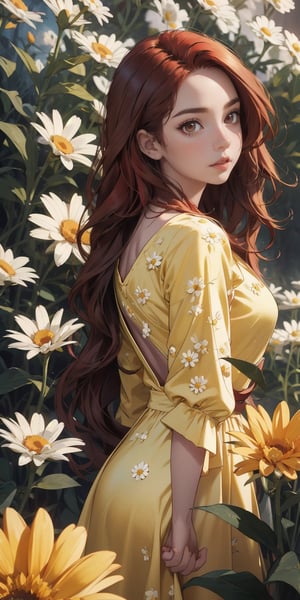 (1 Girl) long red hair, brown eyes, brown_skin, wearing a beautiful yellow flowered dress, daisy garden background, low lighting, detailed_eyes, detailed_face, detailed_hands, backgroung_detailed, cinema_lighting, colorful_portrait, Midjourney, full_body, midjourney style.