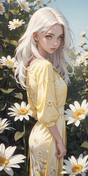 (1 Girl) long white hair, yellow eyes, white skin, wearing a beautiful yellow flowered dress, daisy garden background, low lighting, detailed_eyes, detailed_face, detailed_hands, backgroung_detailed, cinema_lighting, colorful_portrait, Midjourney, full_body.